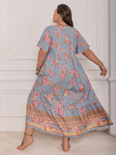 Plus Size Printed Tie Neck Flutter Sleeve Maxi Dress - Trendy by Luna