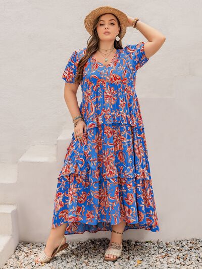 Plus Size Ruffled Printed V-Neck Short Sleeve Maxi Dress - Trendy by Luna