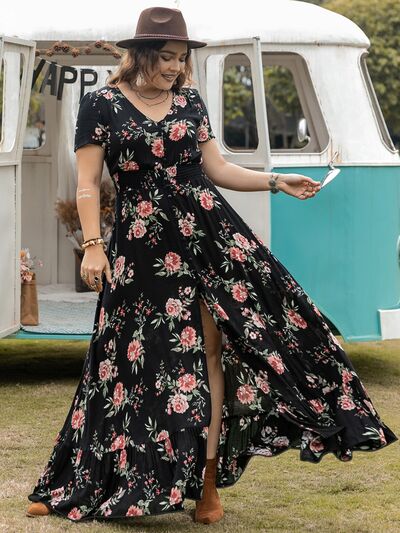 Plus Size Button Detail Printed V-Neck Short Sleeve Maxi Dress - Trendy by Luna