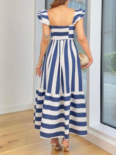 Smocked Striped Square Neck Cap Sleeve Dress - Trendy by Luna