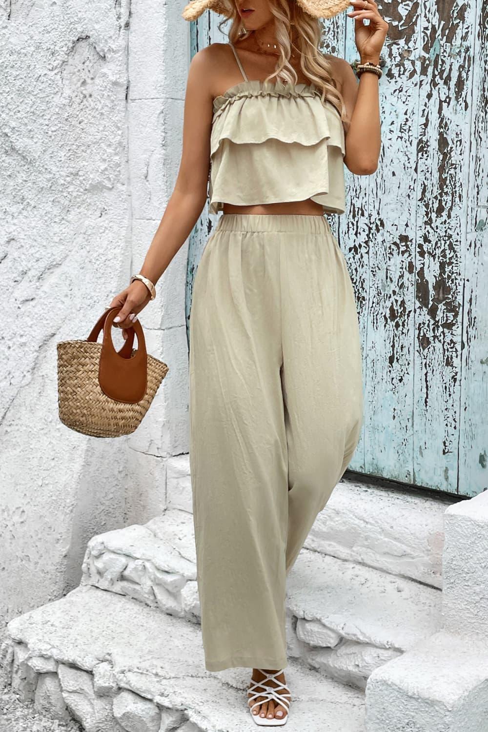 Honey Frill Trim Cami and Wide Leg Pants Set - Trendy by Luna