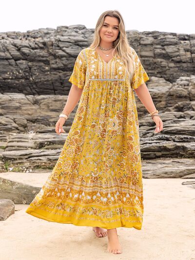 Plus Size Floral Tie Neck Flutter Sleeve Maxi Dress - Trendy by Luna
