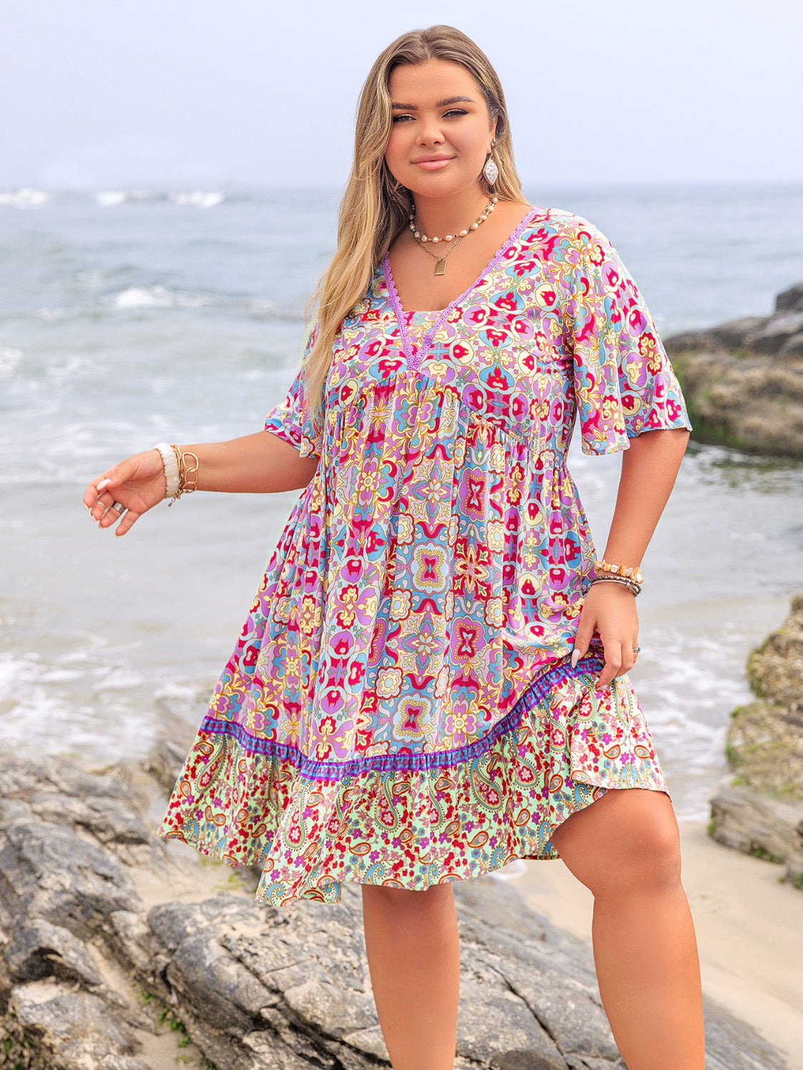 Plus Size Lace Detail Printed Half Sleeve Dress - Trendy by Luna