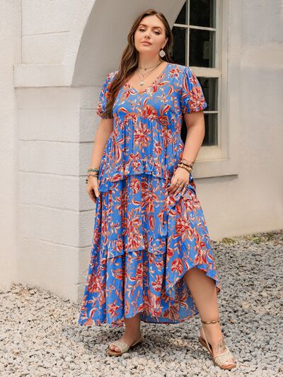 Plus Size Ruffled Printed V-Neck Short Sleeve Maxi Dress - Trendy by Luna