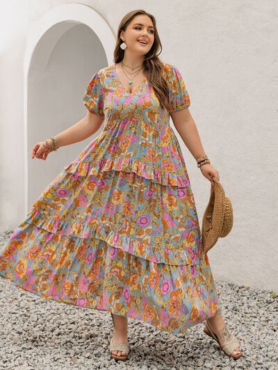 Plus Size Printed V-Neck Short Sleeve Maxi Dress - Trendy by Luna