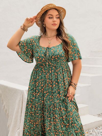 Plus Size Printed Short Sleeve Tiered Maxi Dress - Trendy by Luna