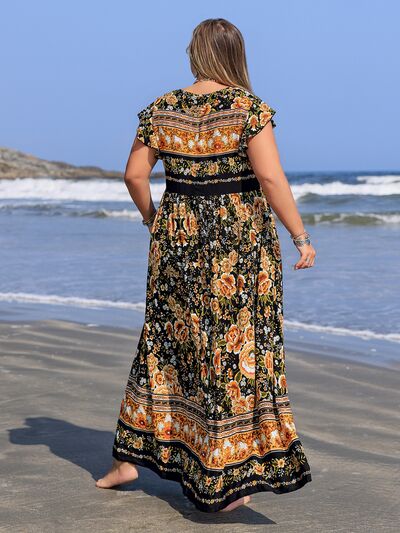 Plus Size Printed V-Neck Ruffle Cap Sleeve Maxi Dress - Trendy by Luna