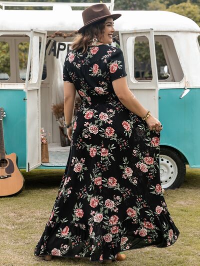Plus Size Button Detail Printed V-Neck Short Sleeve Maxi Dress - Trendy by Luna