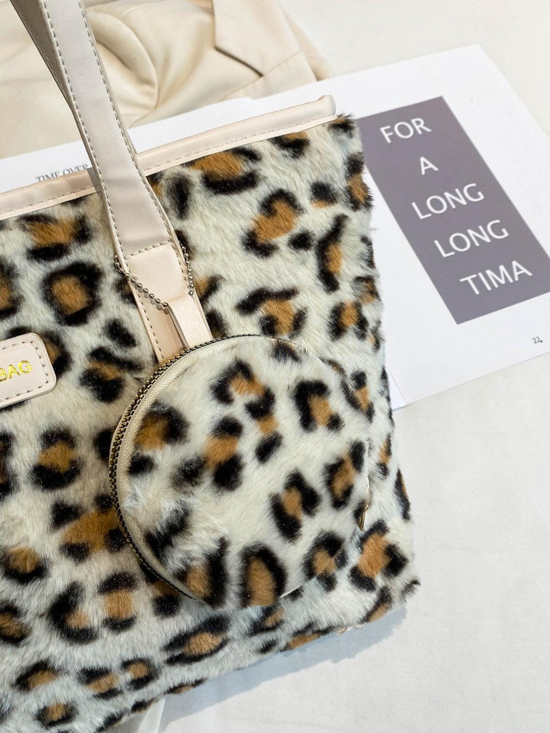 Leopard Faux Fur Tote Bag with Coin Purse - Trendy by Luna