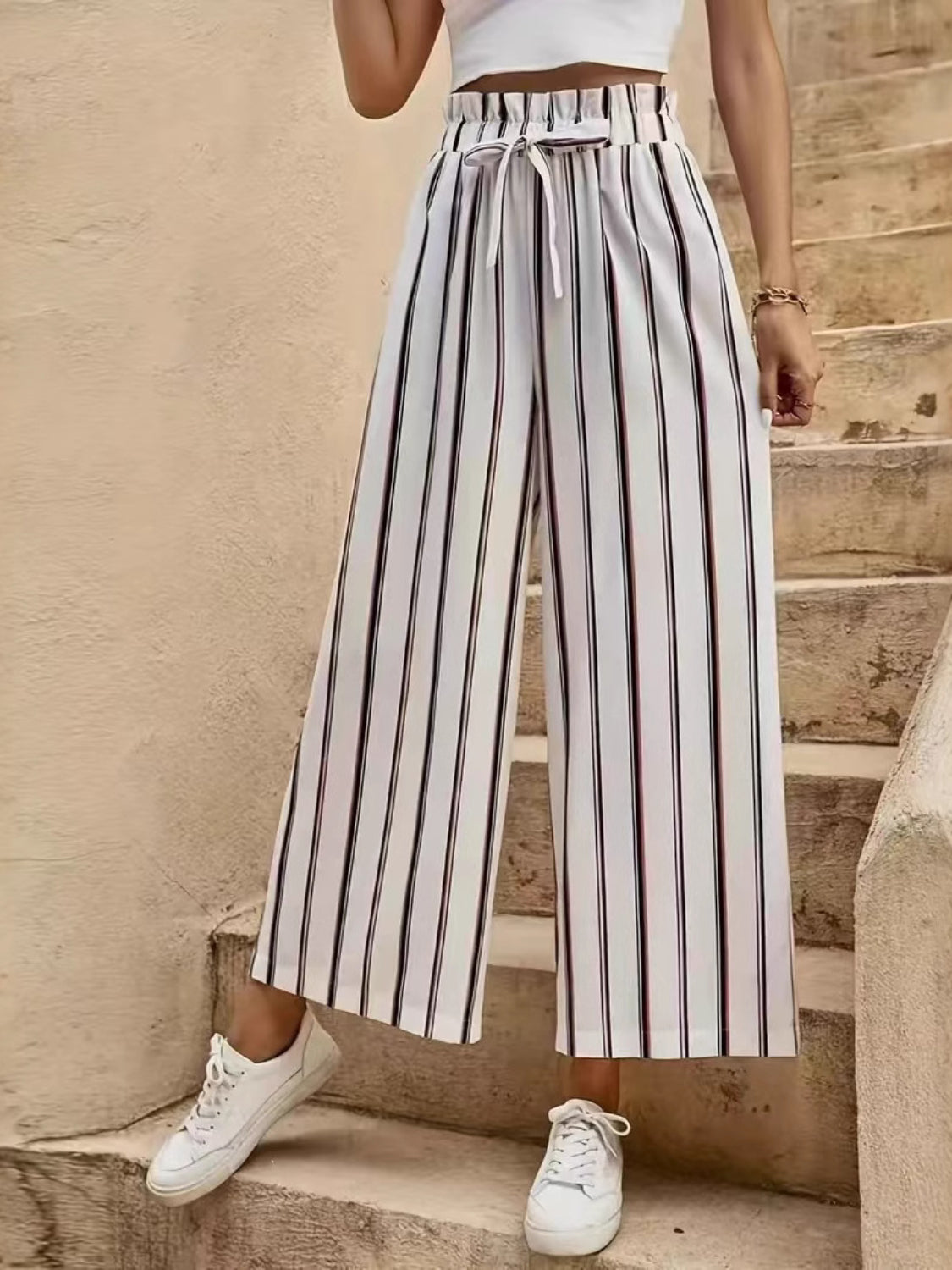Tied Striped Wide Leg Pants - Trendy by Luna