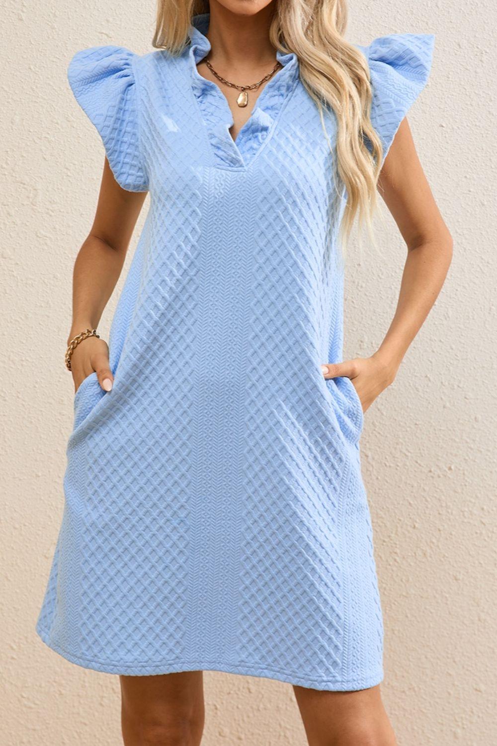 Ruffled V-Neck Cap Sleeve Mini Dress - Trendy by Luna