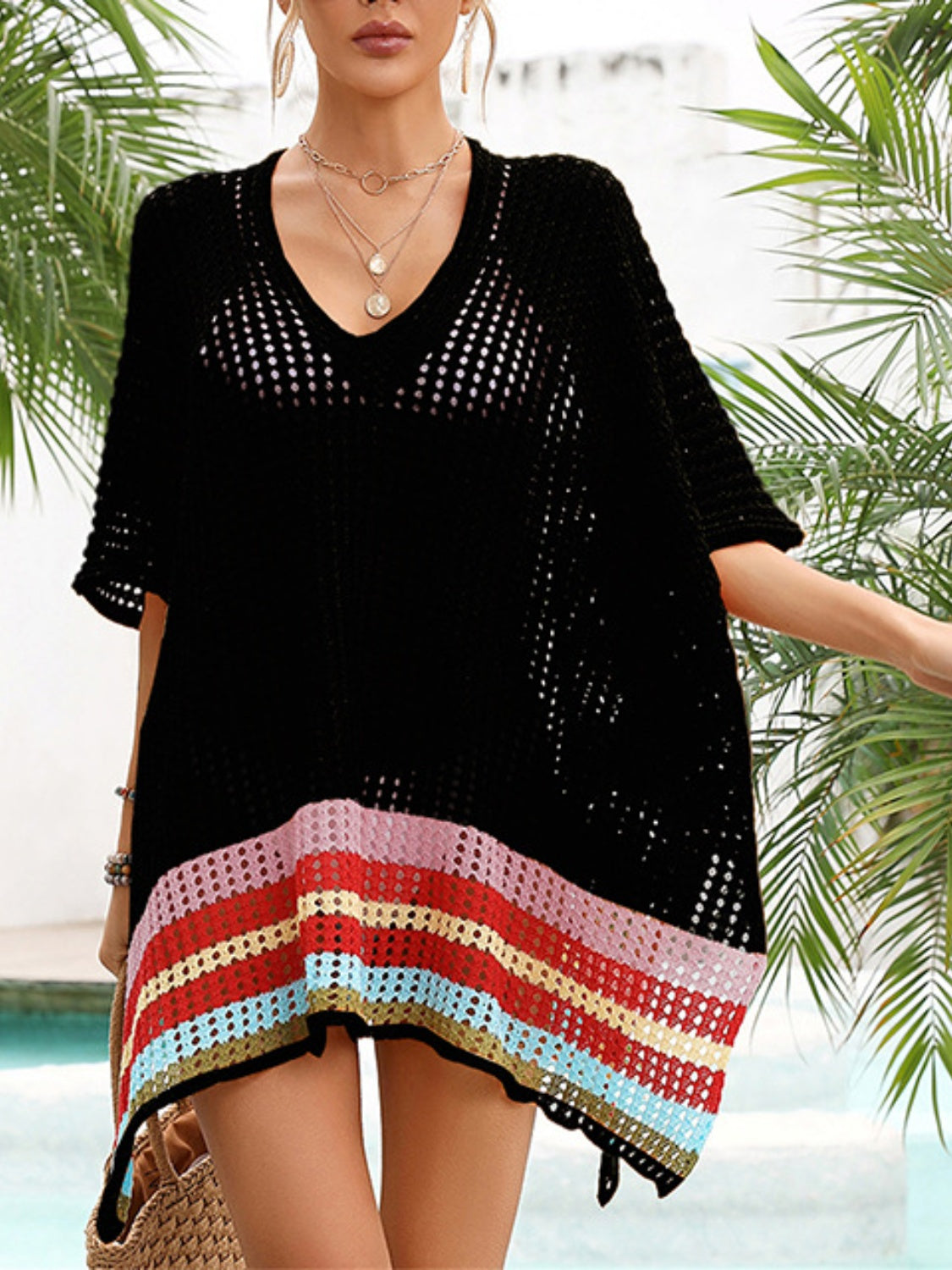 Slit Openwork V-Neck Half Sleeve Cover-Up - Trendy by Luna