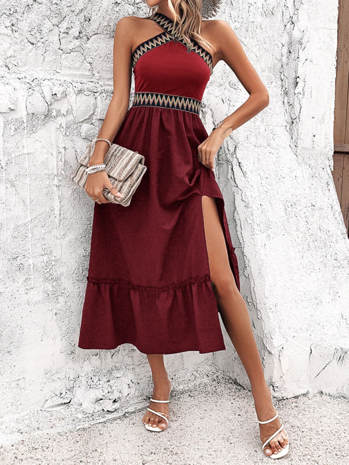 Ruffled Slit Sleeveless Midi Dress - Trendy by Luna