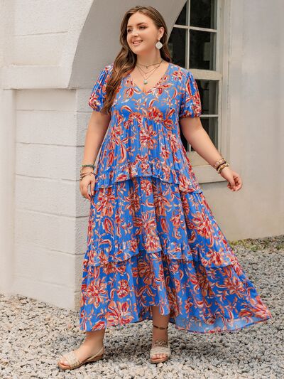 Plus Size Ruffled Printed V-Neck Short Sleeve Maxi Dress - Trendy by Luna