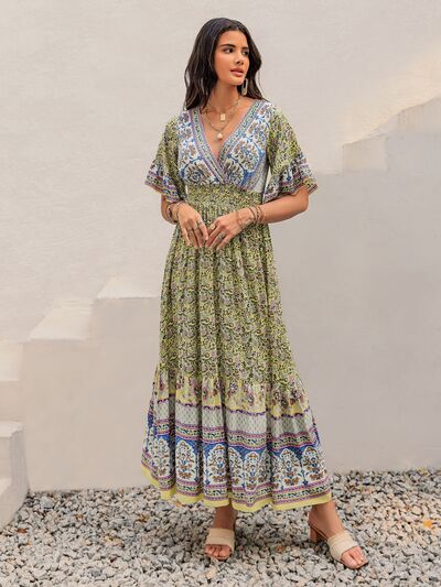 Ruched Printed Flounce Sleeve Maxi Dress - Trendy by Luna