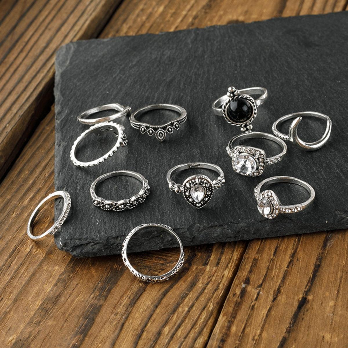 Alloy Synthetic Crystal 11-Piece Ring Set - Trendy by Luna