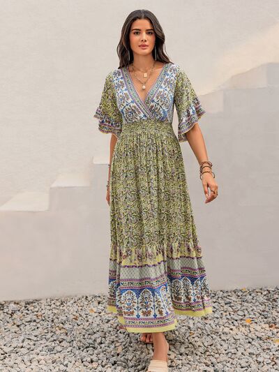 Ruched Printed Flounce Sleeve Maxi Dress - Trendy by Luna