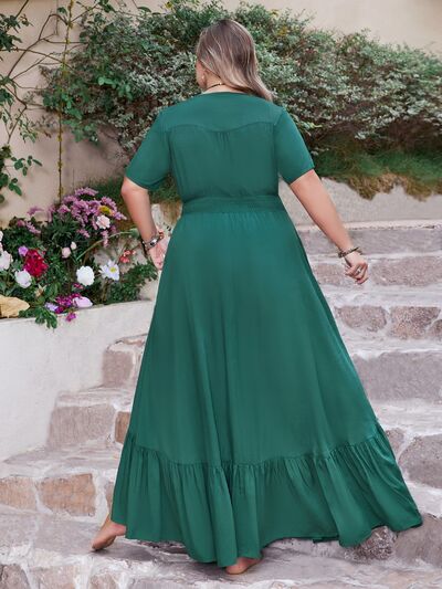 Plus Size Button Detail V-Neck Short Sleeve Maxi Dress - Trendy by Luna