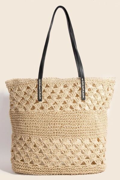 Fame Faux Leather Handle Knitted Tote Bag - Trendy by Luna