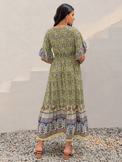 Ruched Printed Flounce Sleeve Maxi Dress - Trendy by Luna
