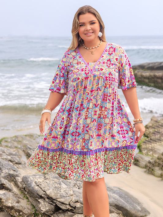 Plus Size Lace Detail Printed Half Sleeve Dress - Trendy by Luna