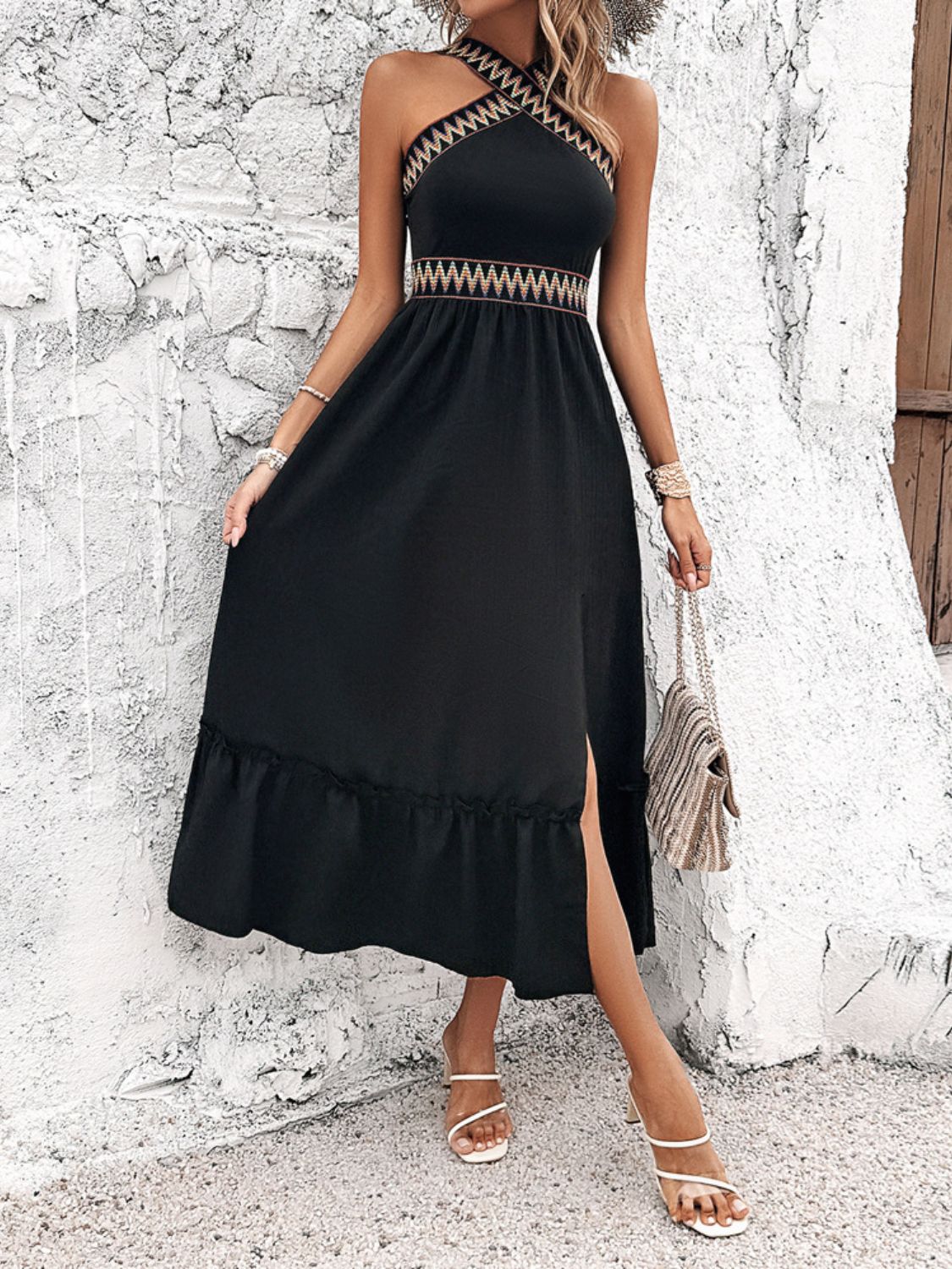 Ruffled Slit Sleeveless Midi Dress - Trendy by Luna