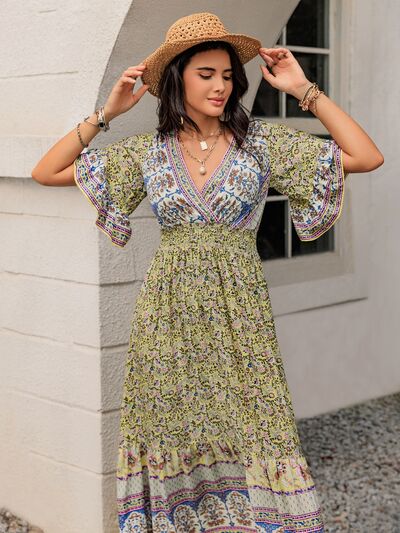 Ruched Printed Flounce Sleeve Maxi Dress - Trendy by Luna