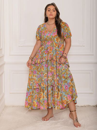 Plus Size Printed V-Neck Short Sleeve Maxi Dress - Trendy by Luna
