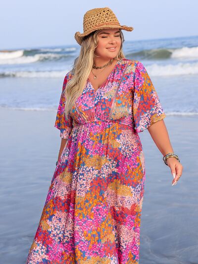 Plus Size Printed V-Neck Half Sleeve Maxi Dress - Trendy by Luna