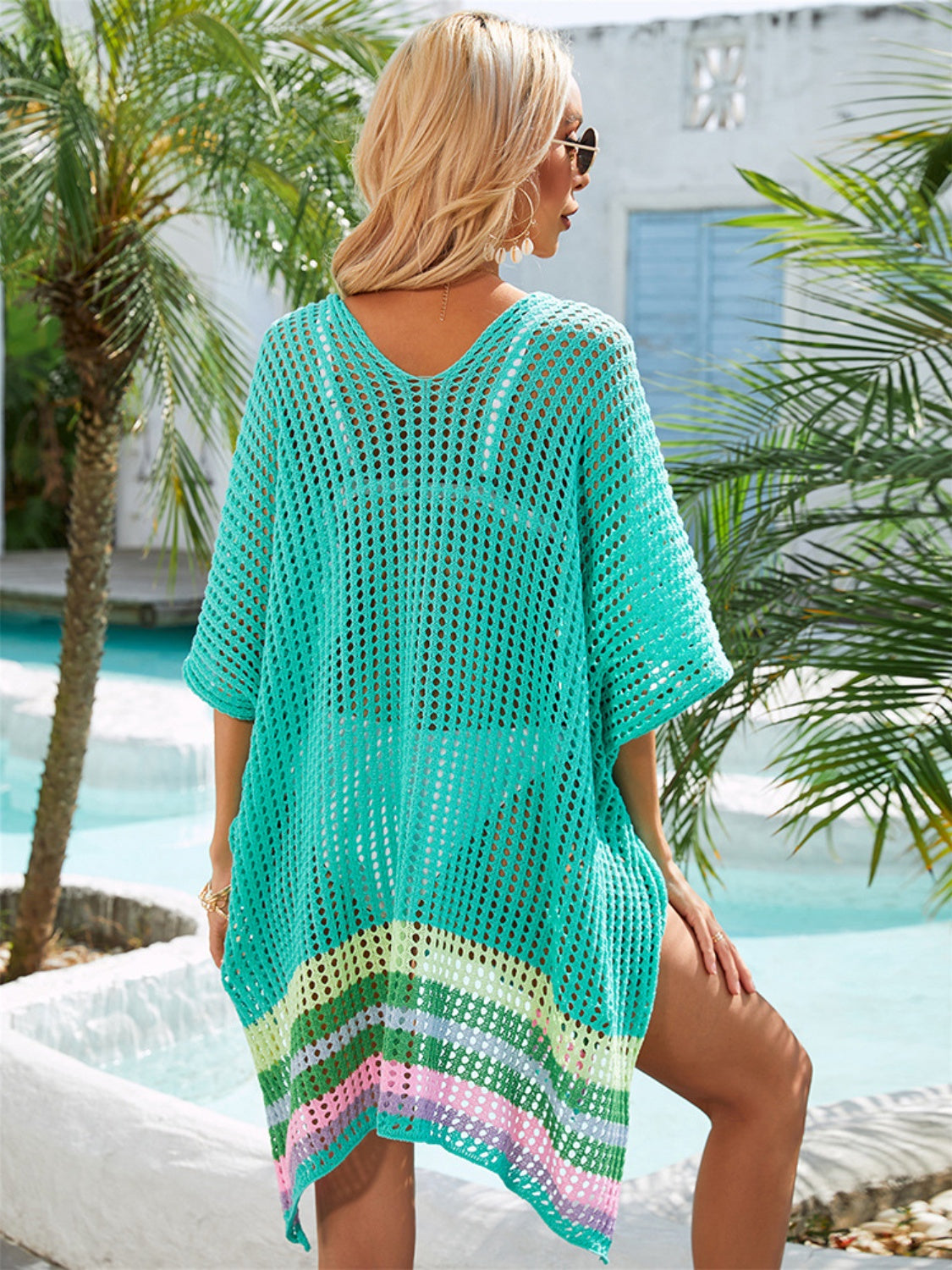 Slit Openwork V-Neck Half Sleeve Cover-Up - Trendy by Luna