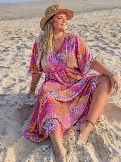Plus Size Printed V-Neck Half Sleeve Maxi Dress - Trendy by Luna