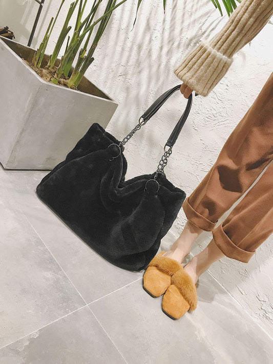Faux Fur Solid Color Tote Bag - Trendy by Luna