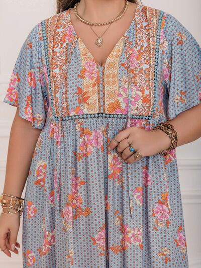 Plus Size Printed Tie Neck Flutter Sleeve Maxi Dress - Trendy by Luna