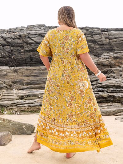 Plus Size Floral Tie Neck Flutter Sleeve Maxi Dress - Trendy by Luna