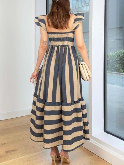 Smocked Striped Square Neck Cap Sleeve Dress - Trendy by Luna