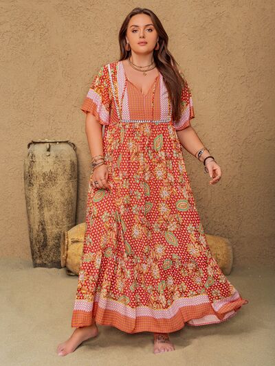 Plus Size Printed Tie Neck Flutter Sleeve Maxi Dress - Trendy by Luna