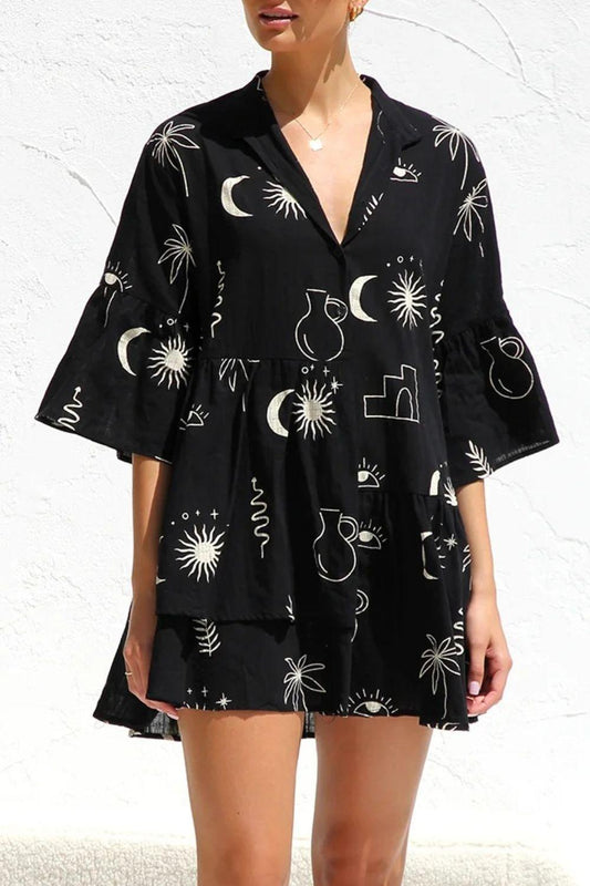Ruched Printed Three-Quarter Sleeve Mini Dress - Trendy by Luna