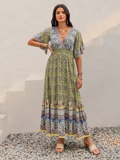 Ruched Printed Flounce Sleeve Maxi Dress - Trendy by Luna