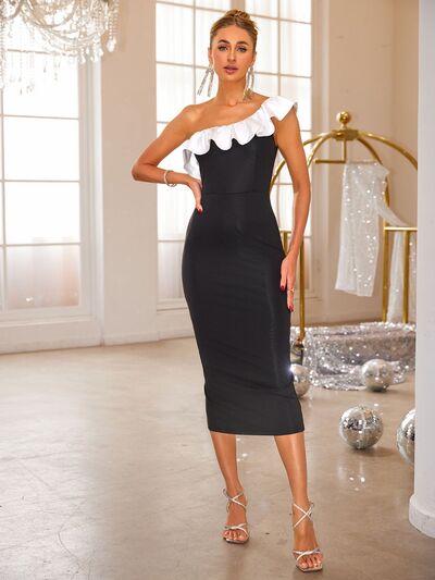 Slit Contrast Single Shoulder Midi Dress - Trendy by Luna