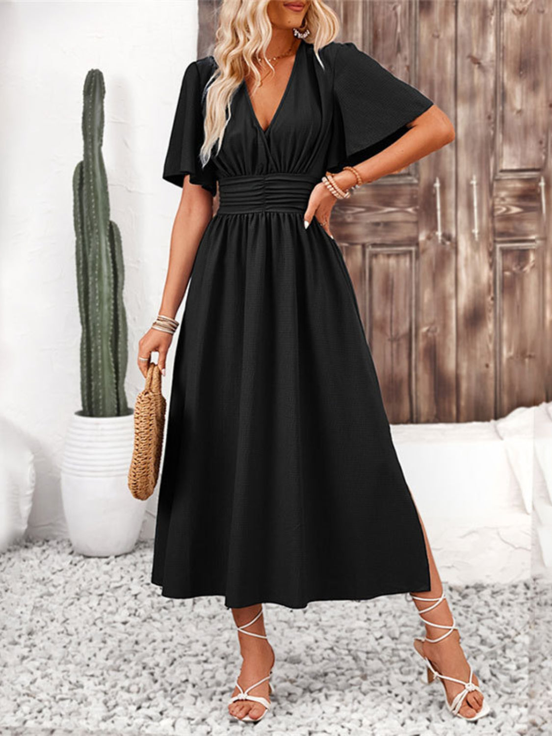Side Slit Surplice Flutter Sleeve Midi Dress - Trendy by Luna