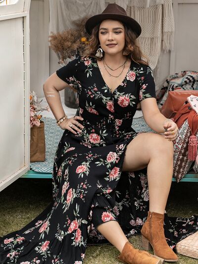 Plus Size Button Detail Printed V-Neck Short Sleeve Maxi Dress - Trendy by Luna
