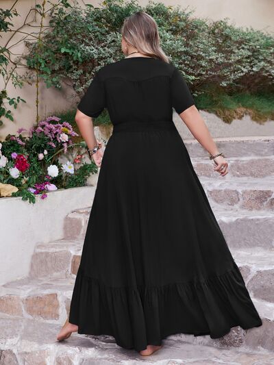 Plus Size Ruffled Hem Button Down V-Neck Short Sleeve Maxi Dress - Trendy by Luna