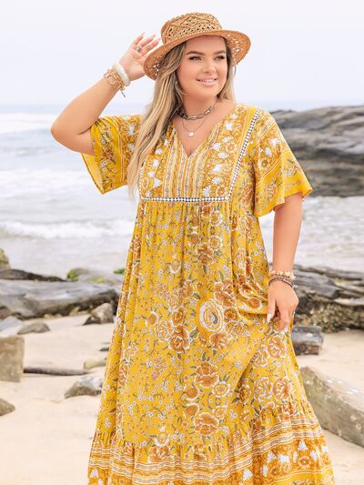 Plus Size Floral Tie Neck Flutter Sleeve Maxi Dress - Trendy by Luna