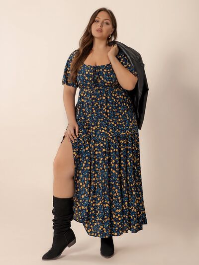 Plus Size Printed Short Sleeve Slit Tiered Maxi Dress - Trendy by Luna