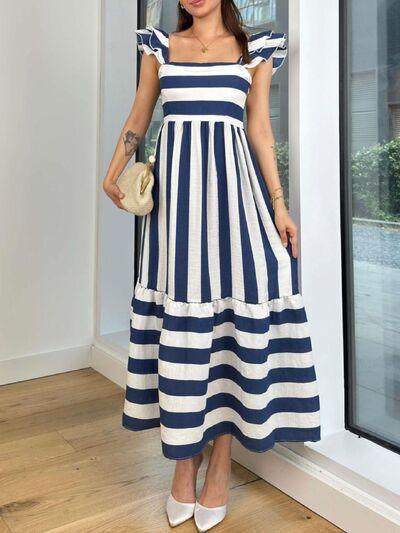 Smocked Striped Square Neck Cap Sleeve Dress - Trendy by Luna