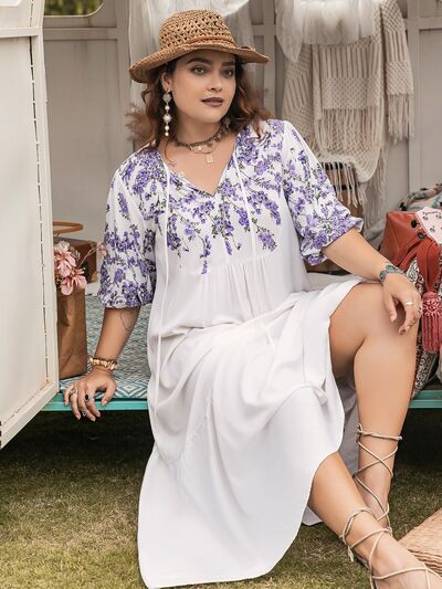Plus Size Printed Tie Neck Half Sleeve Maxi Dress - Trendy by Luna