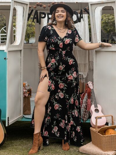 Plus Size Button Detail Printed V-Neck Short Sleeve Maxi Dress - Trendy by Luna