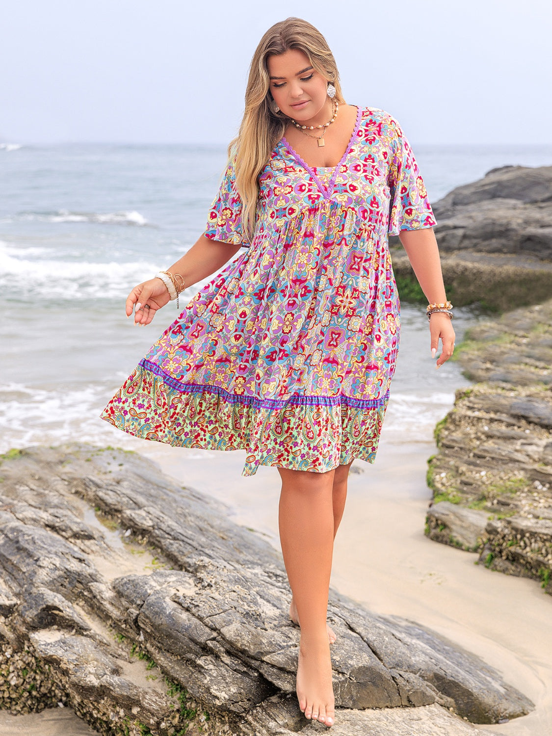 Plus Size Lace Detail Printed Half Sleeve Dress - Trendy by Luna