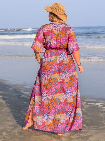 Plus Size Printed V-Neck Half Sleeve Maxi Dress - Trendy by Luna