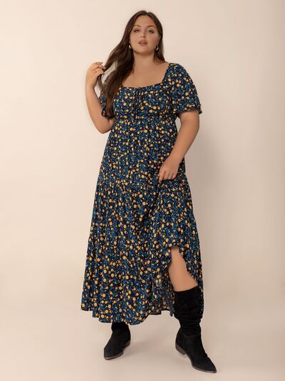 Plus Size Printed Short Sleeve Slit Tiered Maxi Dress - Trendy by Luna